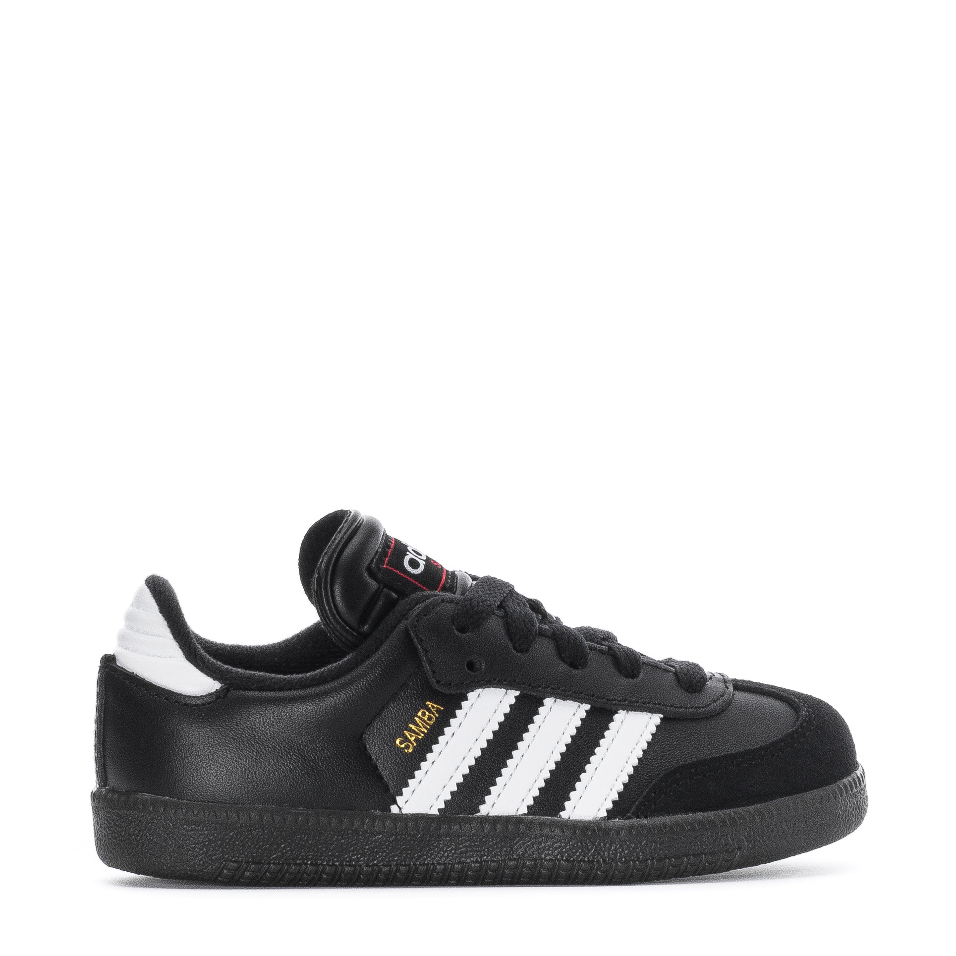Side view of kids sneakers showing classic 3-Stripes and leather upper