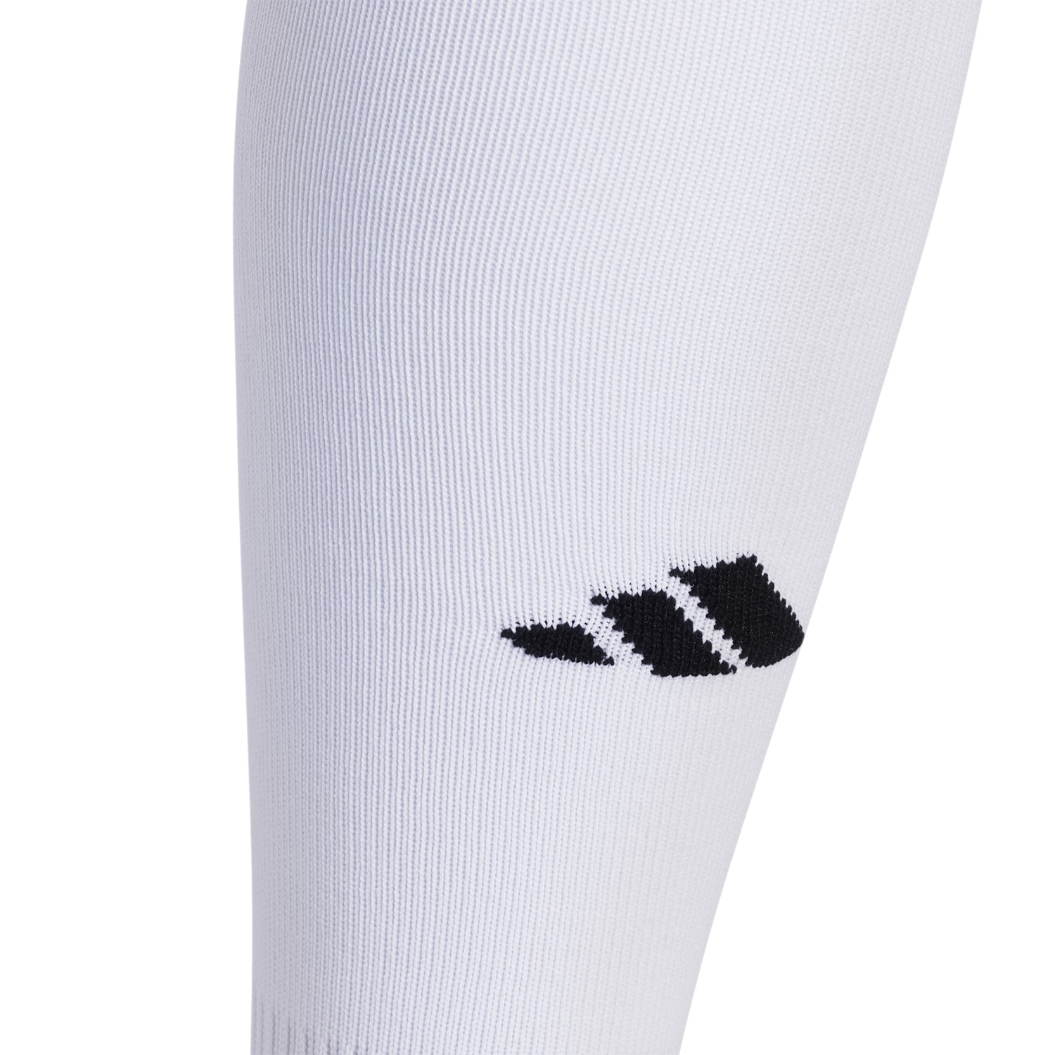 Close-up of Adidas Metro 6 OTC youth soccer socks highlighting moisture-wicking fabric