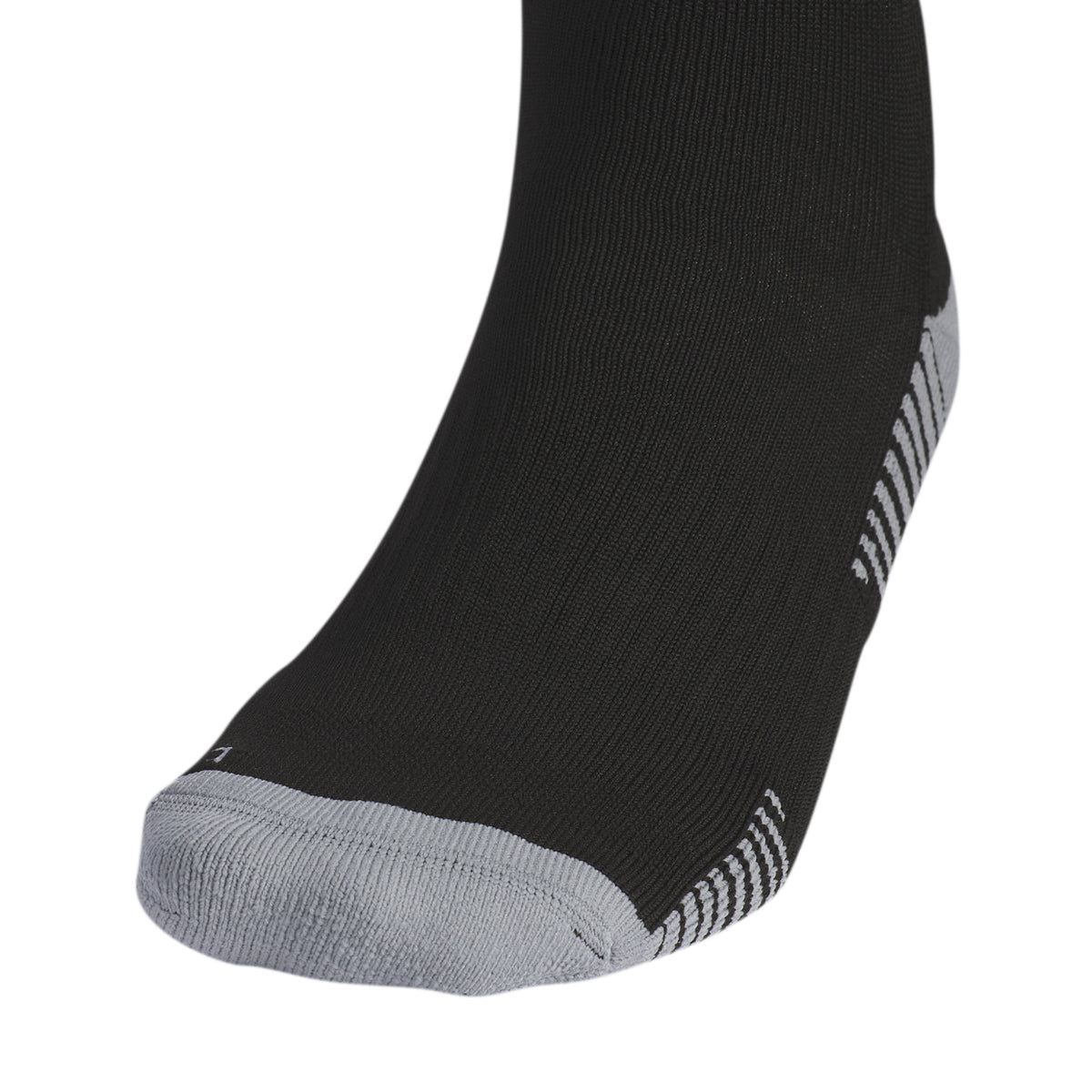 Close-up of Adidas Copa Zone Cushion V socks highlighting the heel and toe cushioning, designed for soccer.