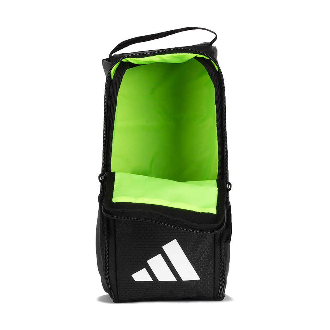 Open Adidas shoe bag with shoes inside, highlighting the wipe-clean lining