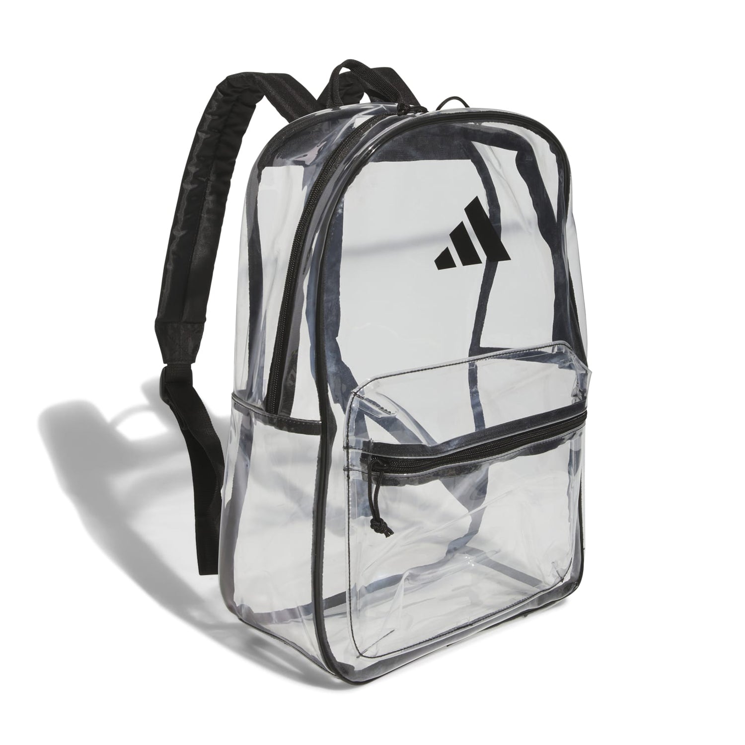 Front 3/4 view of VoyagerPro Clear 2.0 black travel backpack on urban commuter
