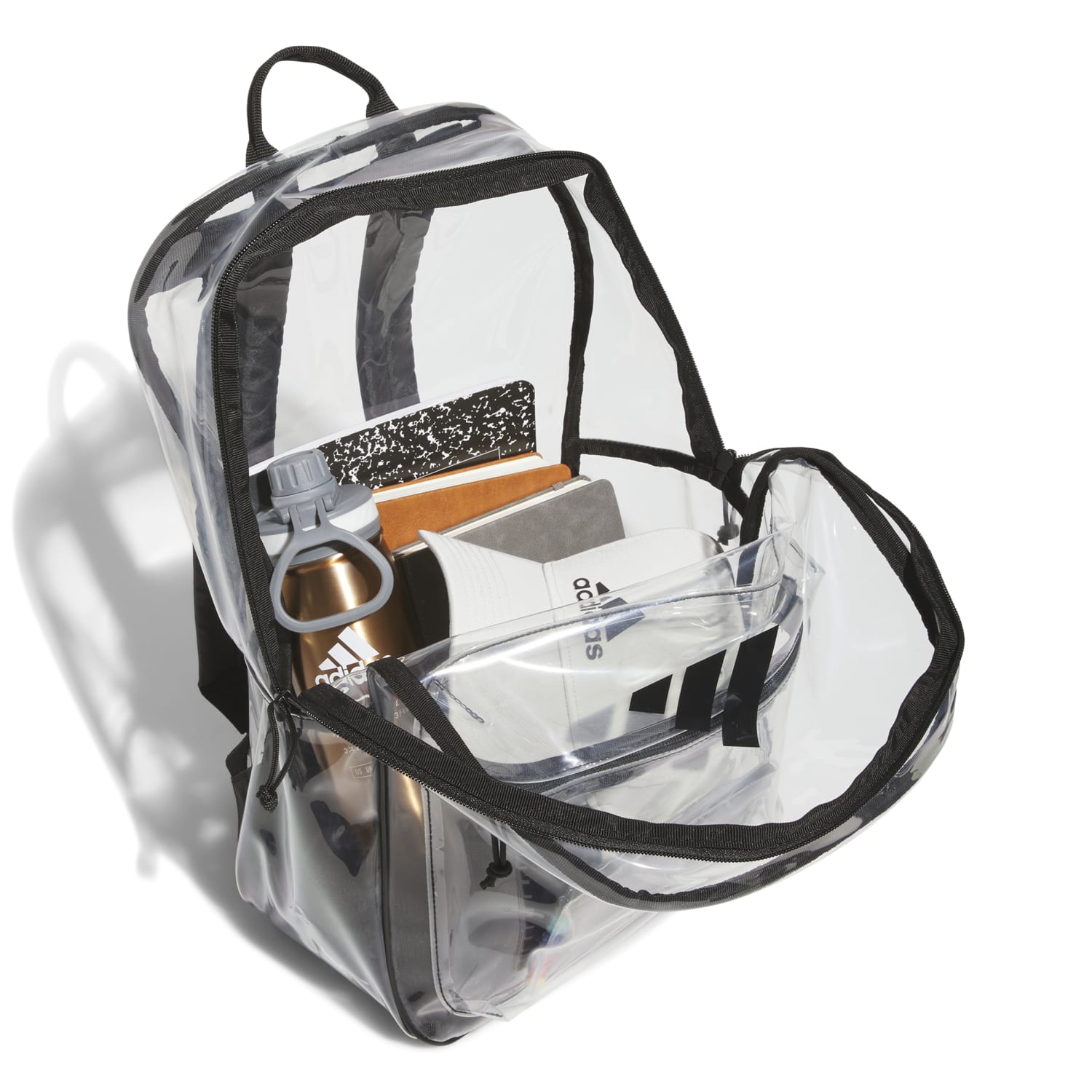 Open clamshell layout showing premium travel backpack compartments and laptop sleeve