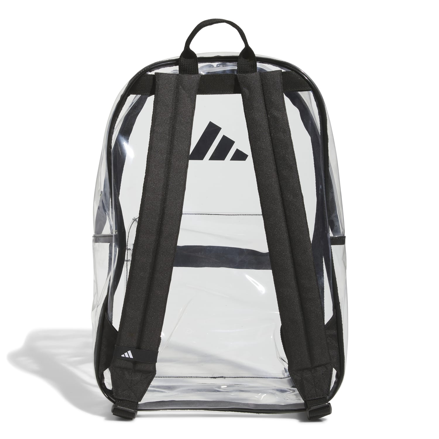 Front 3/4 view of VoyagerPro Clear 2.0 black travel backpack on urban commuter