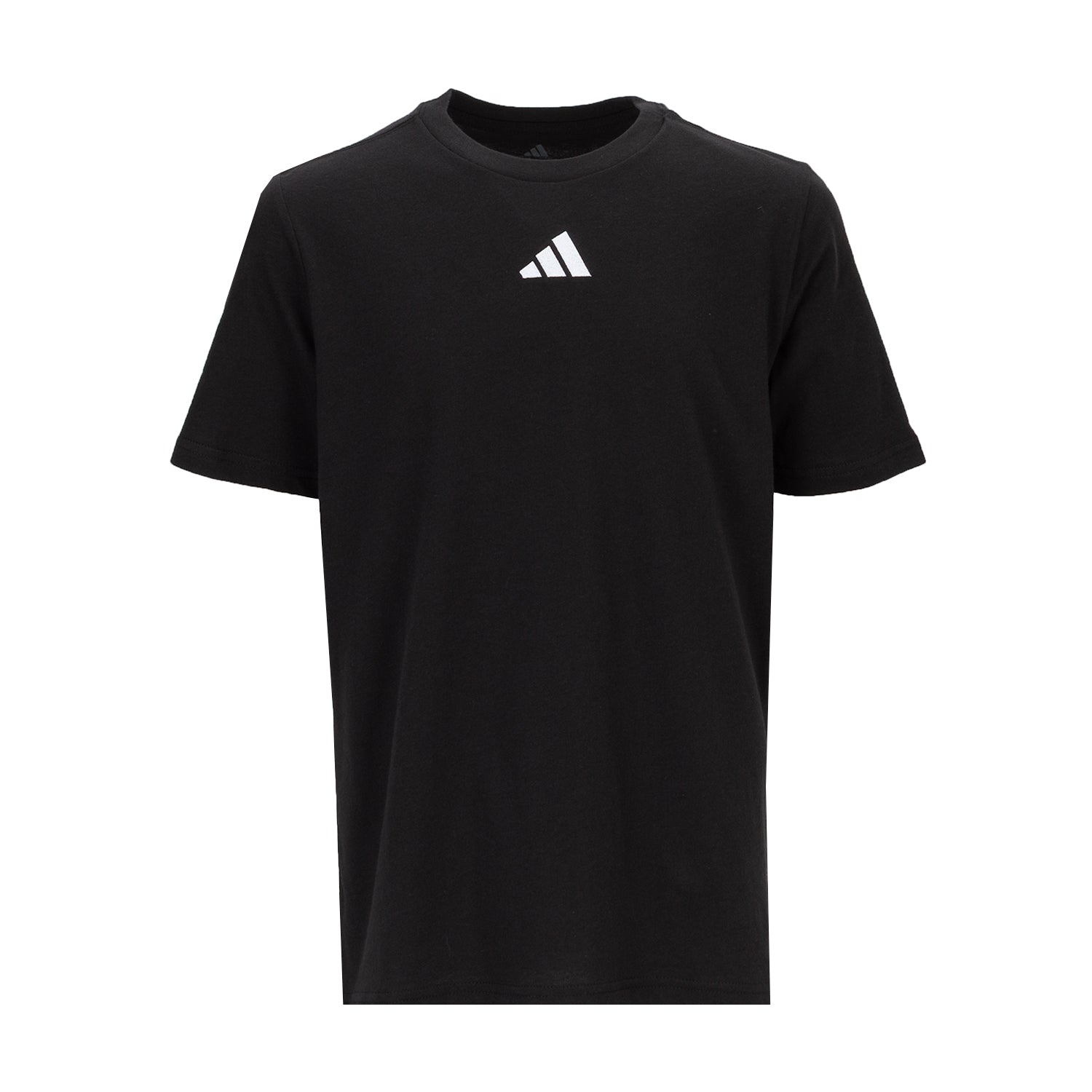 Front view of MiniMark youth embroidered t-shirt laid flat, small crest centered on chest