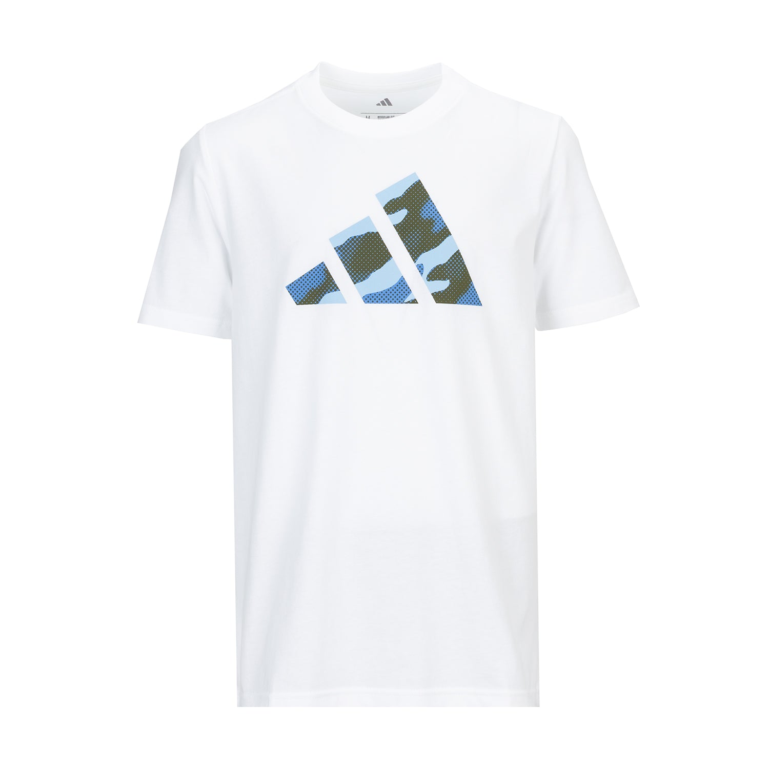 Front view of youth camo logo t-shirt with vibrant pattern