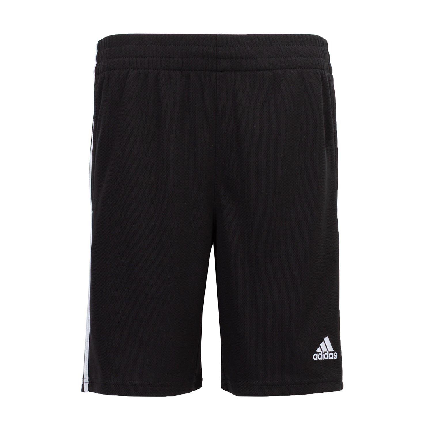 Close-up of three-stripe design on youth athletic shorts for basketball