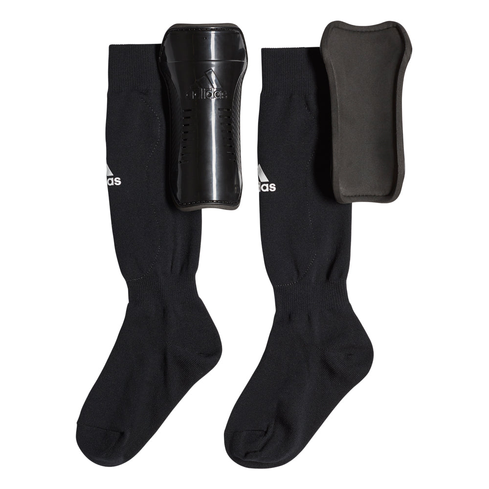Front view of kids soccer sock guards showcasing removable shield feature.