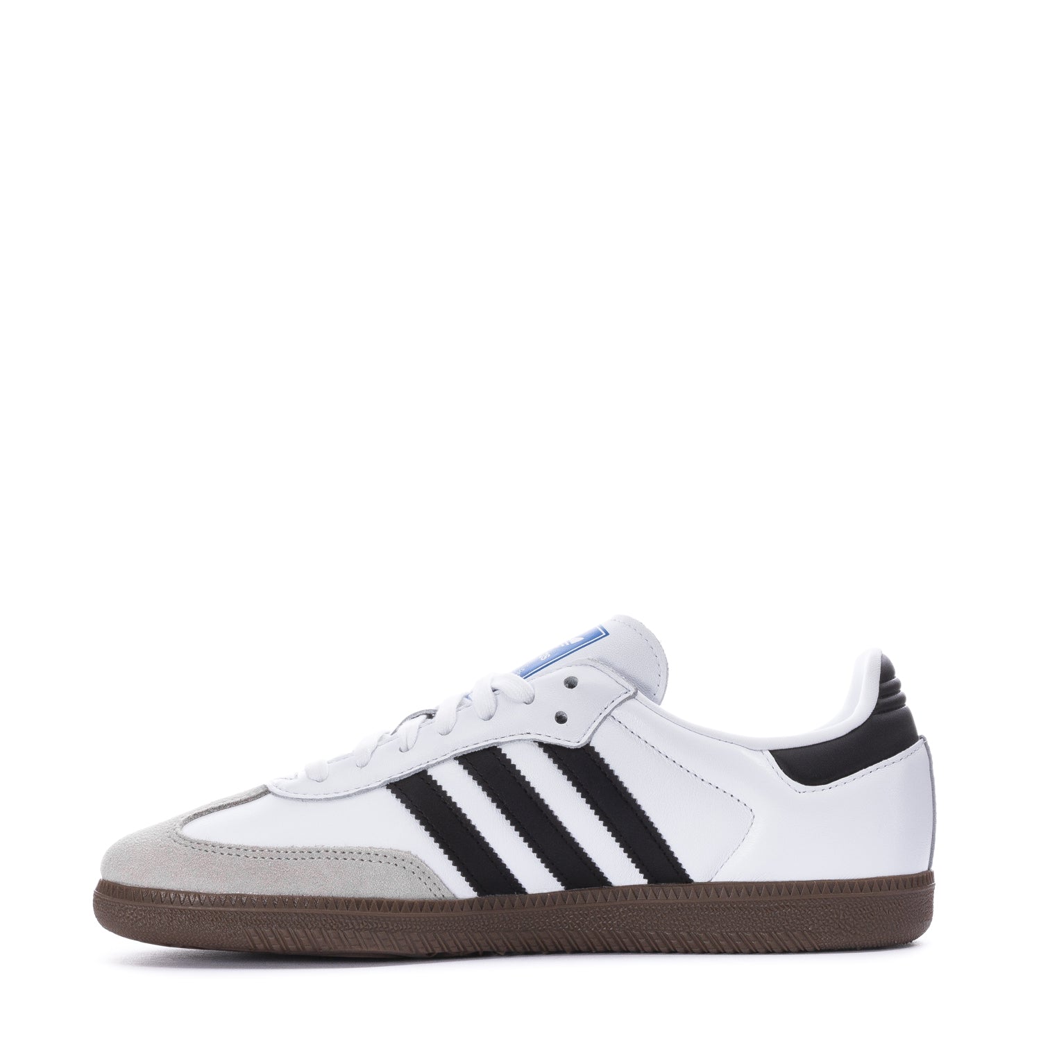 Side view of Samba OG sneakers showing contrast lace overlays and rubber cupsole