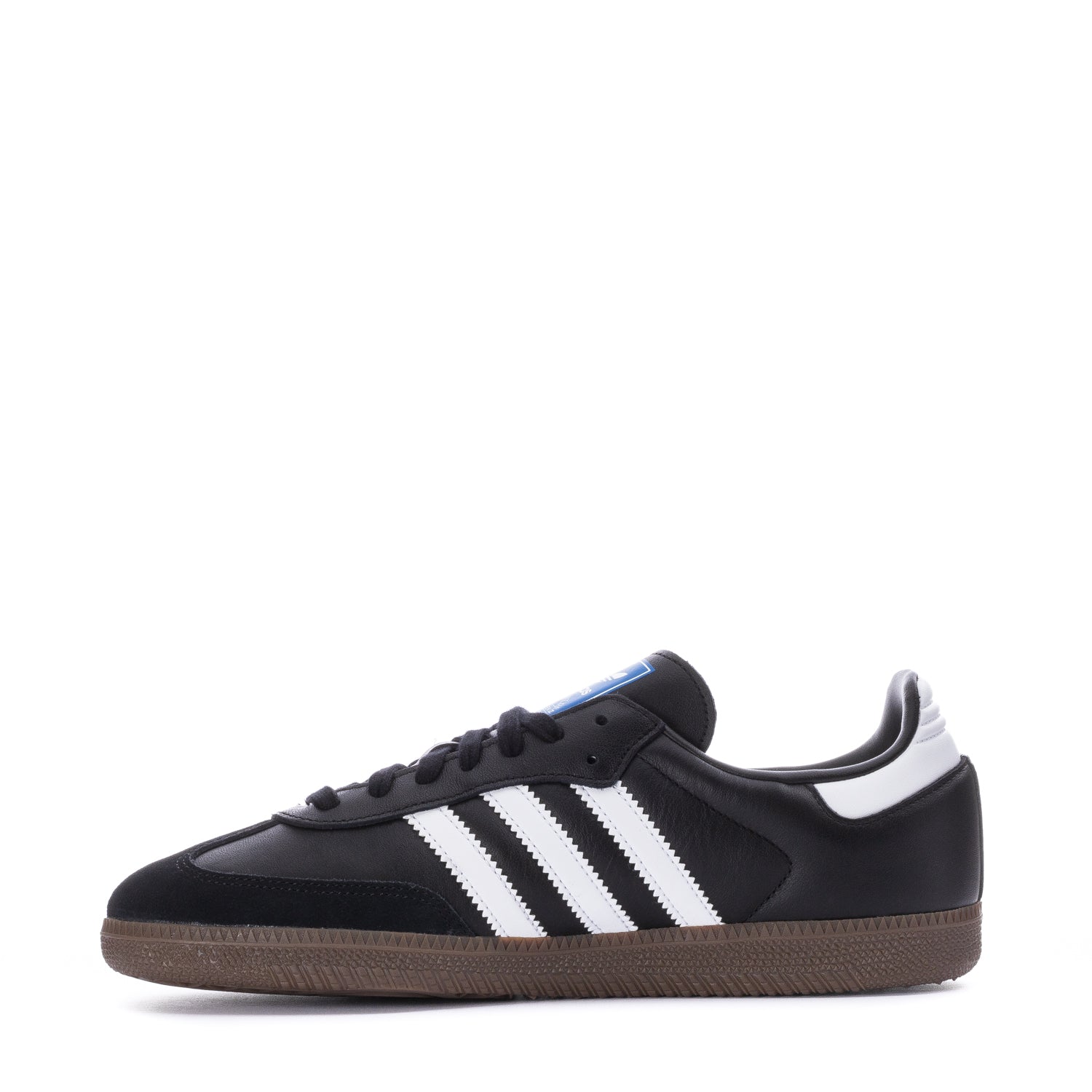 Close-up of the Adidas Samba OG mens shoes laces and tongue, showcasing the bold stitching.