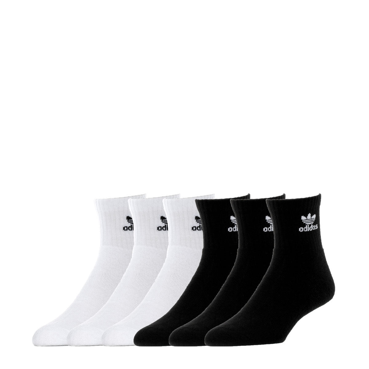 Close-up of Adidas Originals cushioned quarter socks, showcasing the moisture-wicking fabric and cushioned heel.