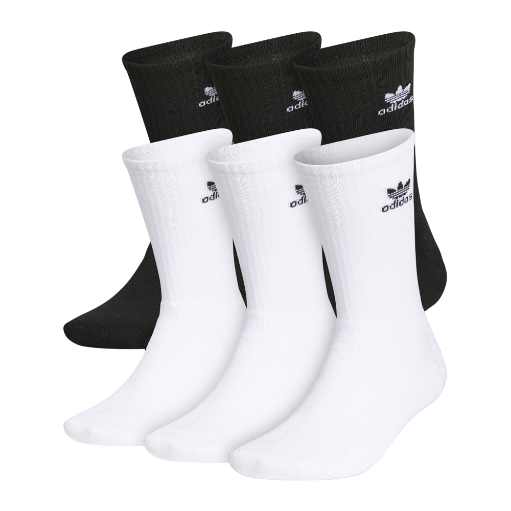 Close-up of adidas crew socks showing ribbed texture and Trefoil logo