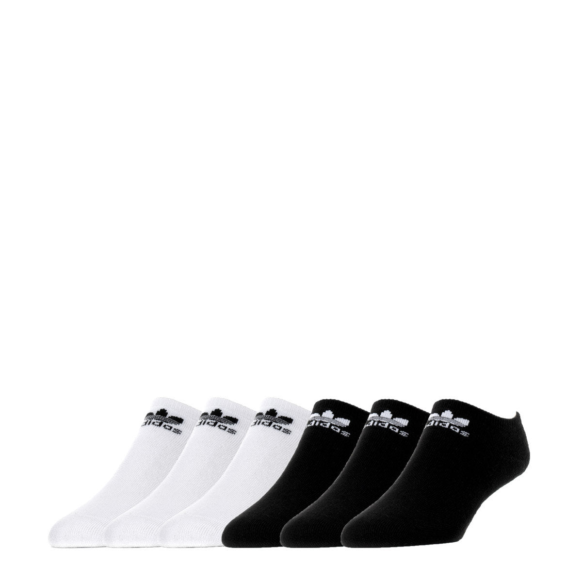 Side view of Adidas Originals no-show socks showcasing cushioned heel and moisture-wicking fabric.