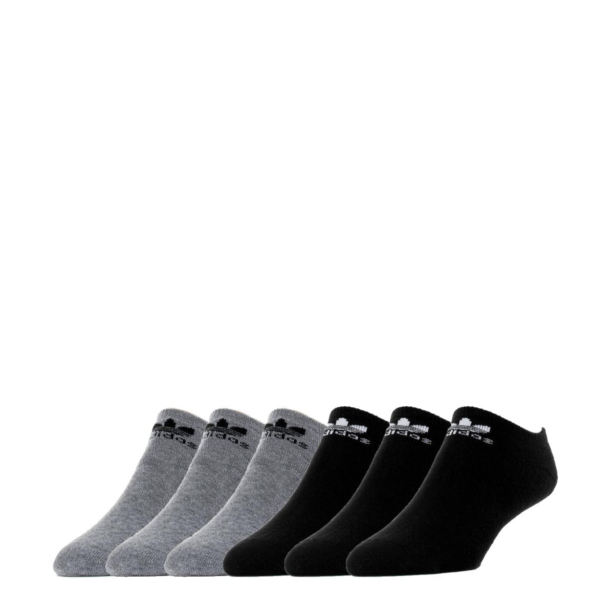 Close-up of adidas Originals youth no-show socks showing moisture-wicking fabric and cushioned heel