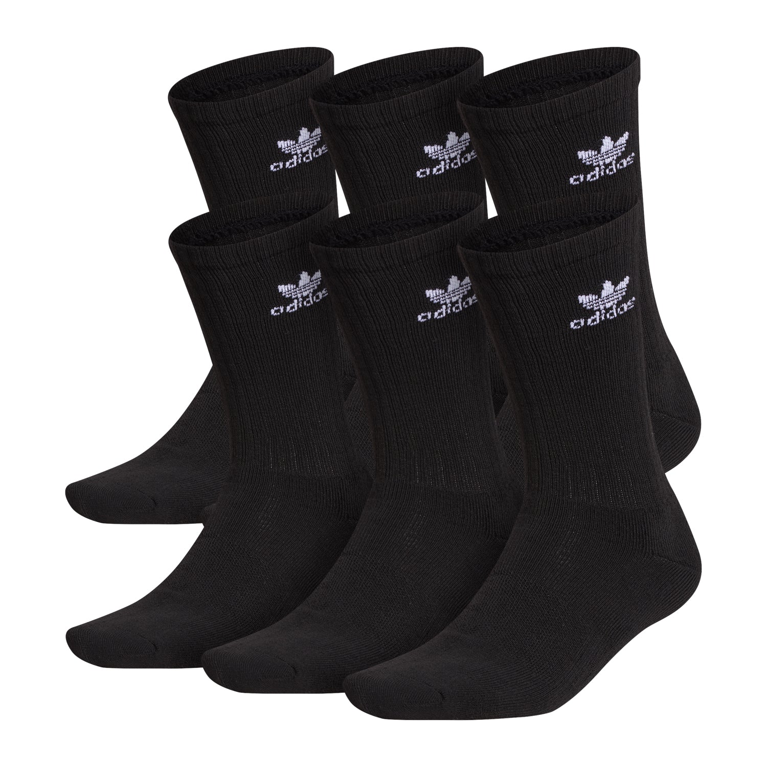 Close-up of adidas socks showing ribbed crew design and Trefoil logo