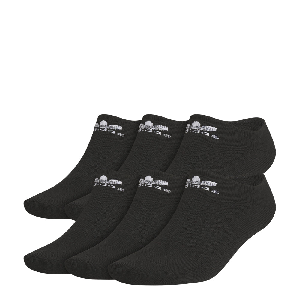 Front view of adidas no-show socks laid out in pack with Trefoil branding