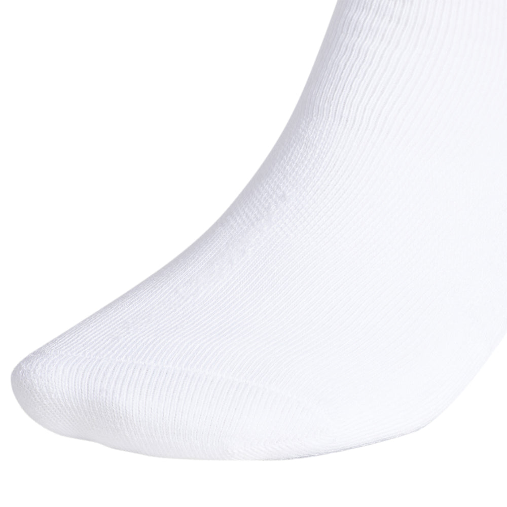 Close-up of Adidas crew socks highlighting the iconic Trefoil logo and ribbed design.