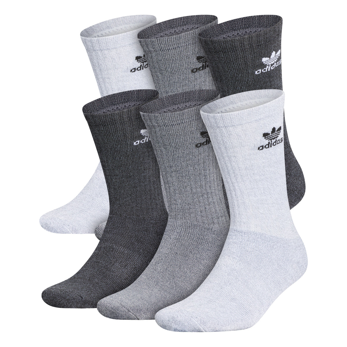 Adidas crew socks in a variety of colors for kids, showcasing their cushioned design.