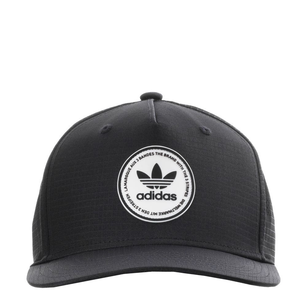 Front view of black adidas OG Emblem snapback hat – curved bill and classic patch