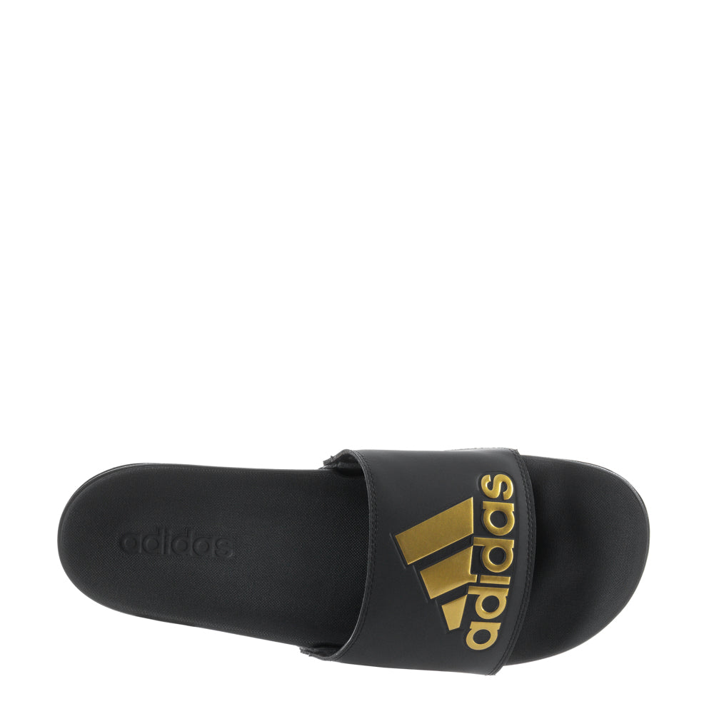 Close-up of mens adidas slides showing the synthetic upper and contoured footbed