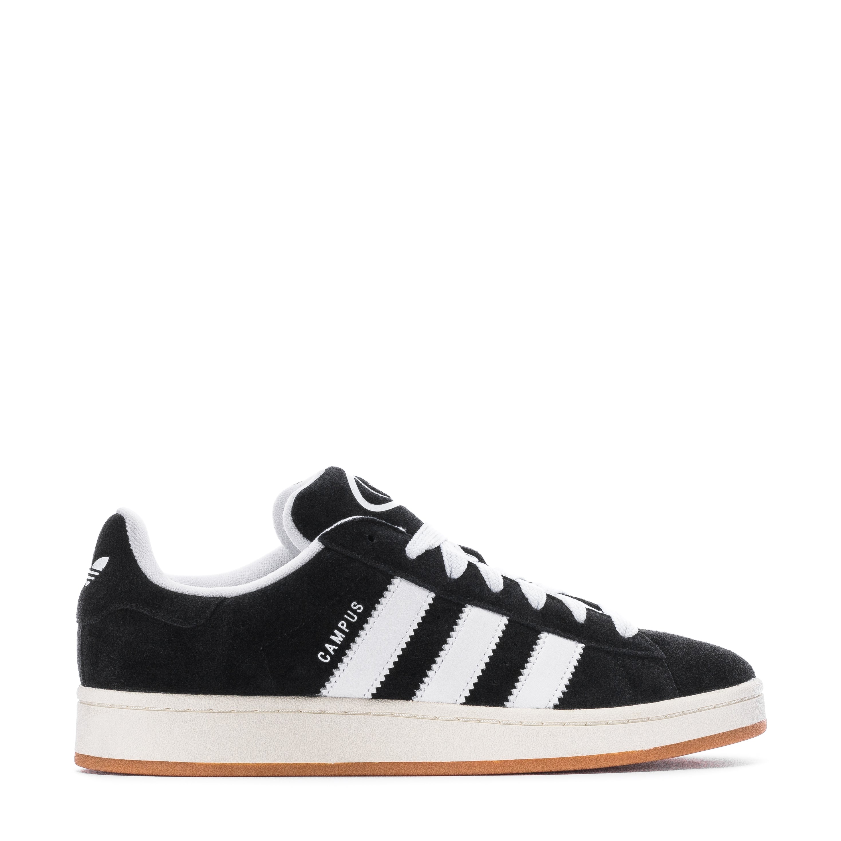 Top-down angle of adidas Campus 00s black leather casual sneakers on city sidewalk