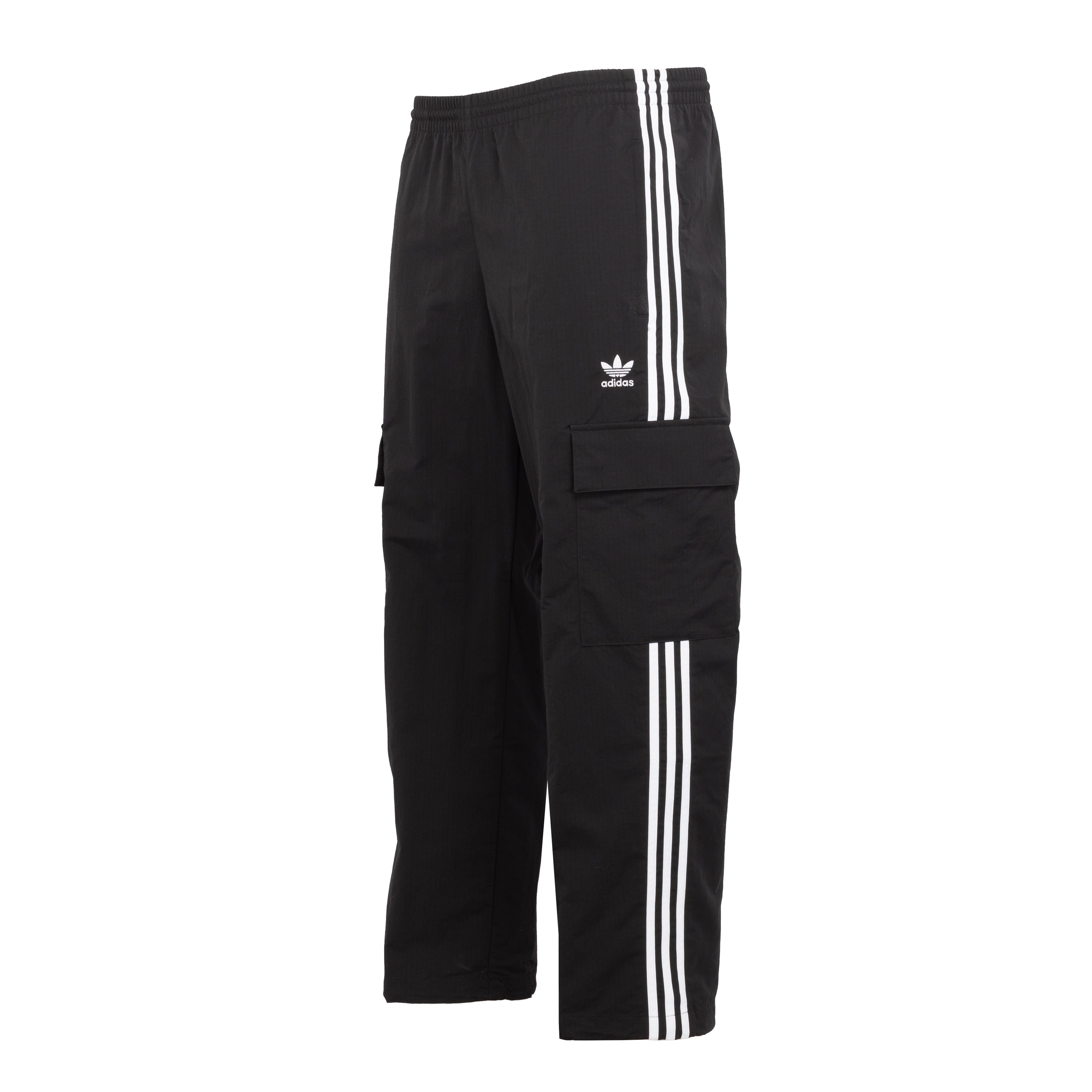 Side view of mens cargo pants with bungee adjustable hems for outdoor use.
