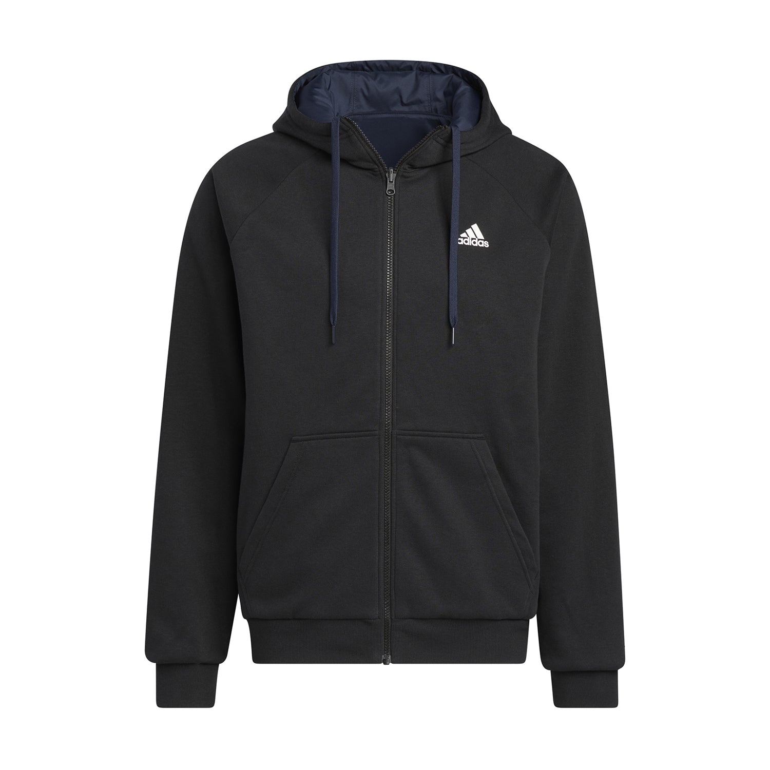 Close-up of adidas jacket with fitted collar and logo