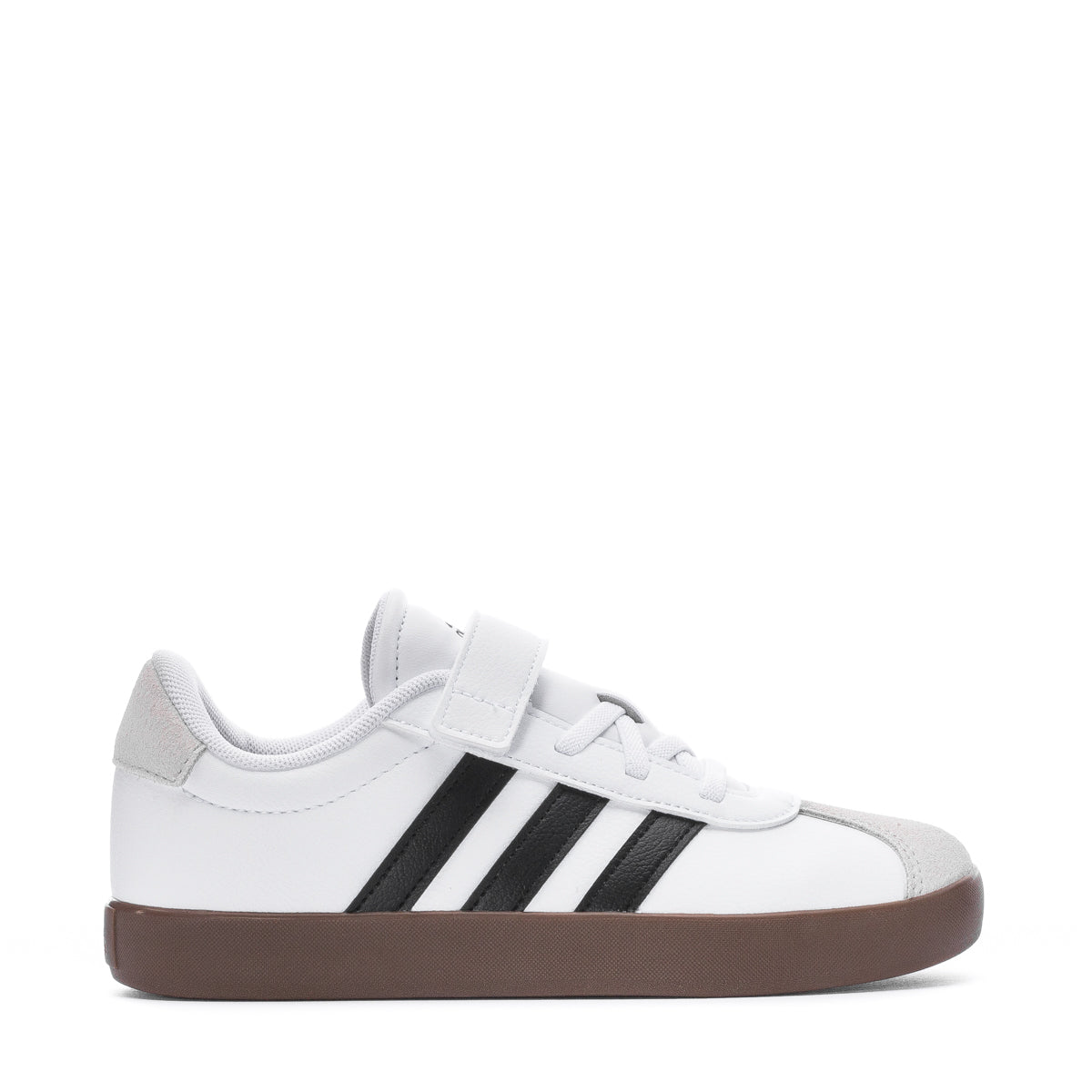Close-up of adidas VL Court 3.0 kids sneakers showing suede upper and rubber sole