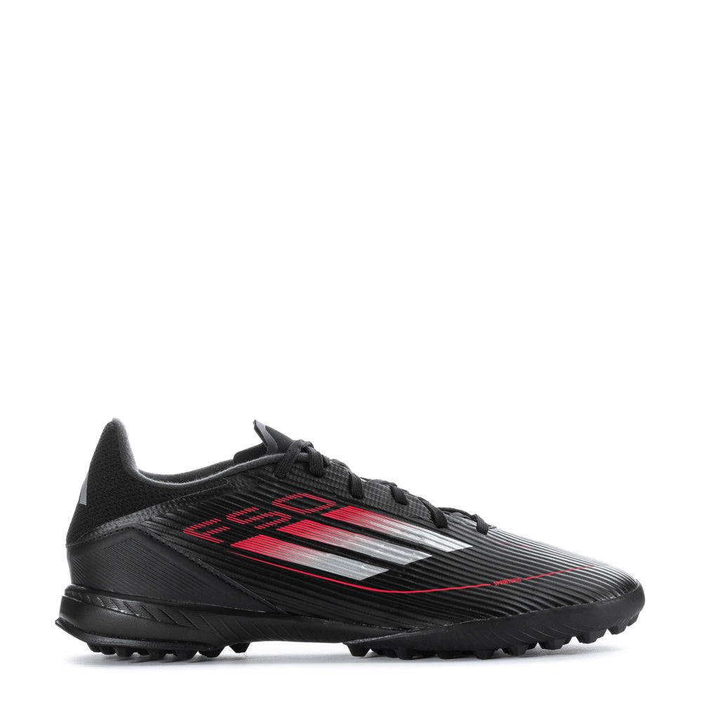 Side view of adidas F50 League TF men's soccer shoes showcasing the Fiberskin upper for better ball control.