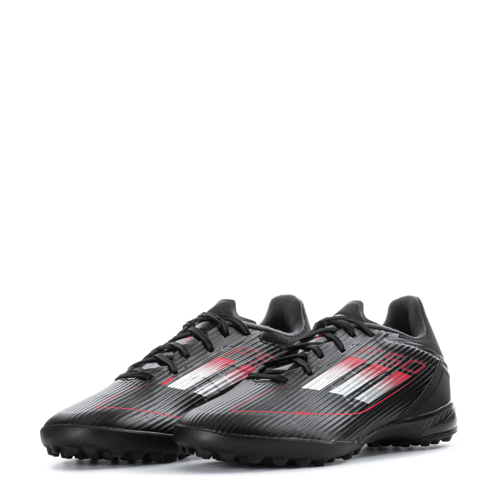 Back view of adidas F50 League TF mens soccer shoes highlighting the non-skid rubber outsole for turf play.