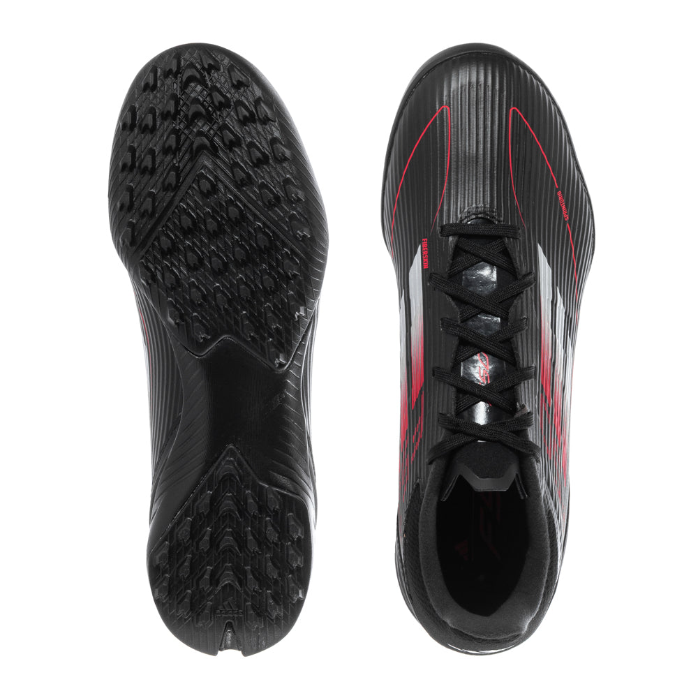 Side view of adidas F50 League TF mens soccer shoes showcasing the Fiberskin upper for better ball control.
