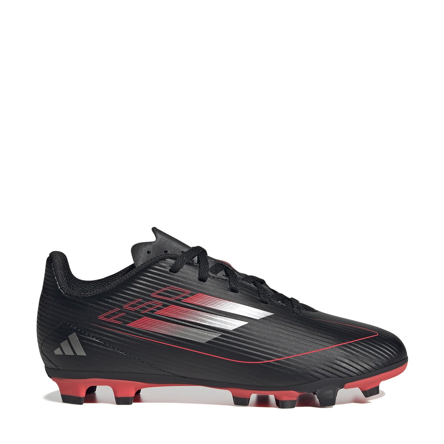 Adidas F50 Club FG Youth Soccer Cleats showcasing their sleek black design and comfortable fit, ideal for practice.