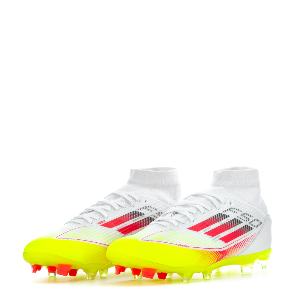 Side view of adidas F50 League FG/MG mid shoes highlighting arch support and outsole