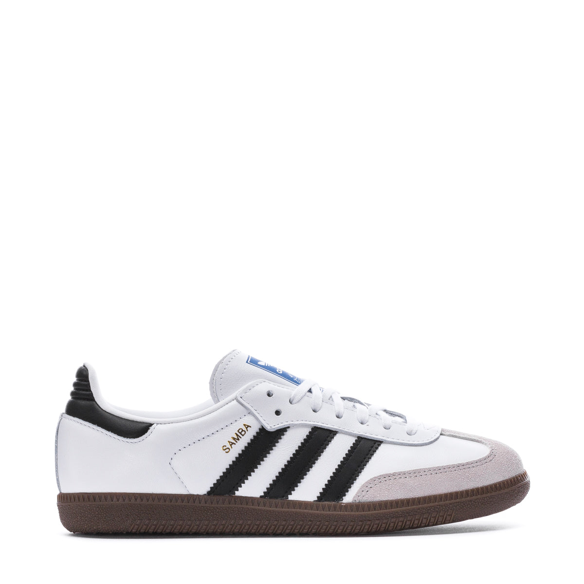 Close-up of adidas Samba OG youth sneakers showing leather and suede details