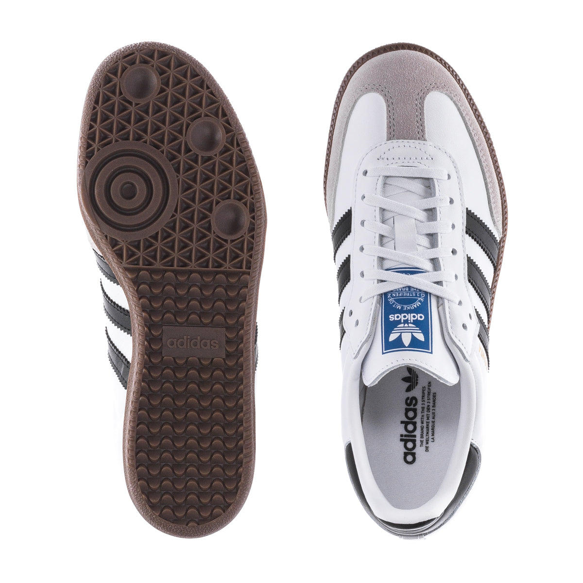 Close-up of adidas Samba OG youth sneakers showing leather and suede details