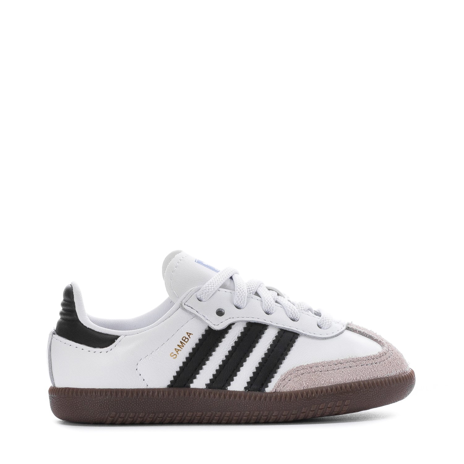 Side view of Adidas Samba OG toddler sneakers with suede overlays and gum rubber outsole