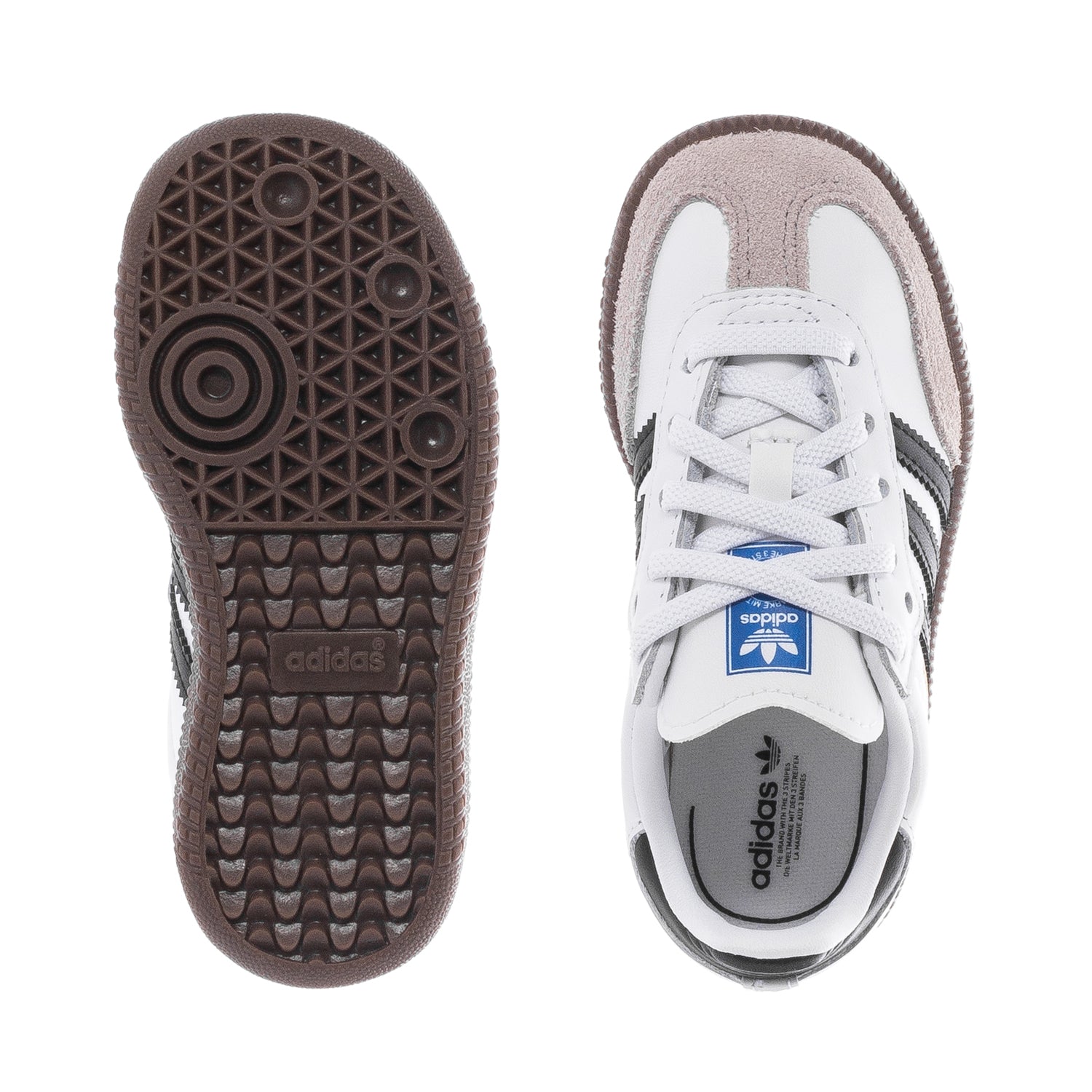 Side view of Adidas Samba OG toddler sneakers with suede overlays and gum rubber outsole