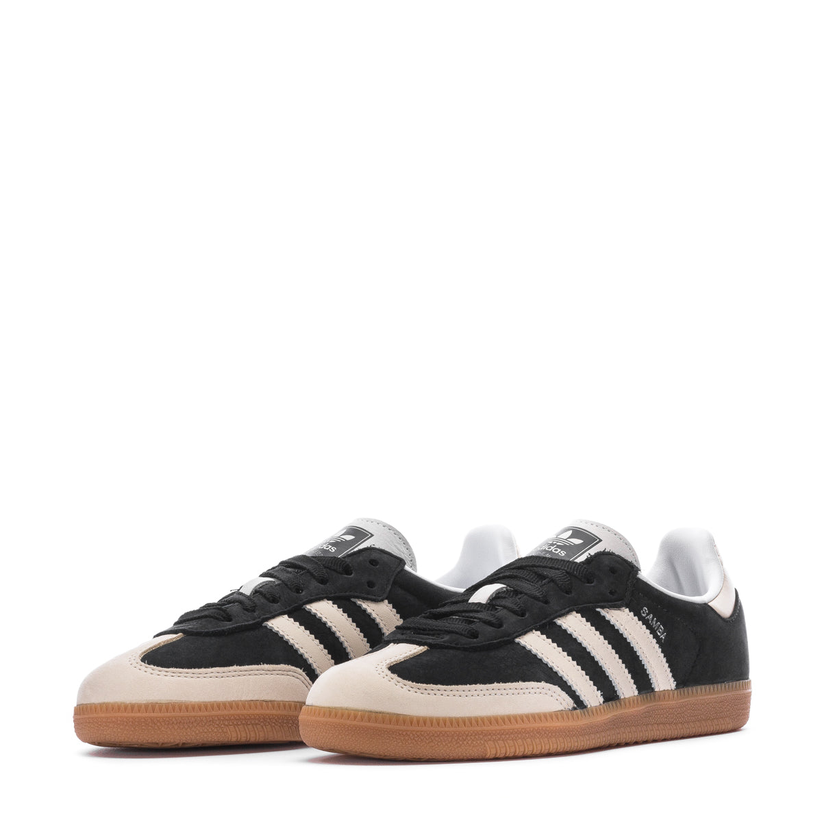 Close-up of sneaker’s leather and suede details with traction pattern