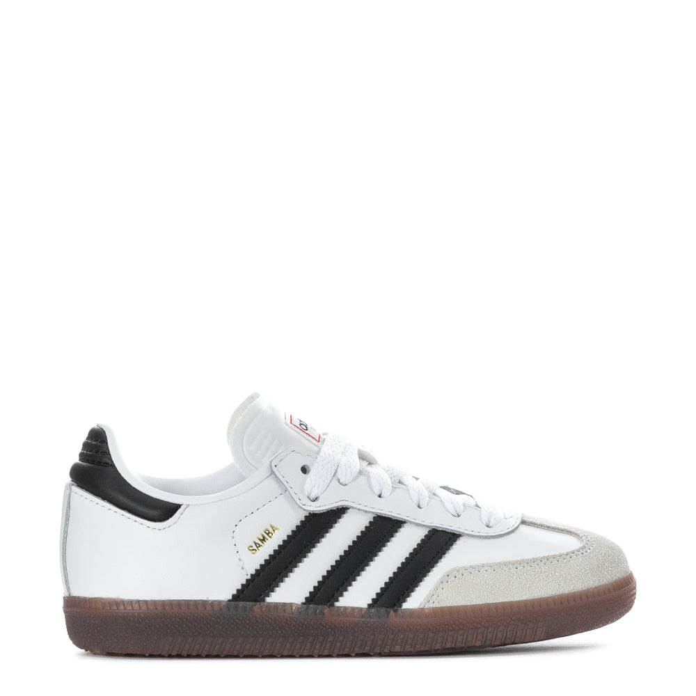 Kids wearing Adidas Samba Classic leather sneakers with gum sole