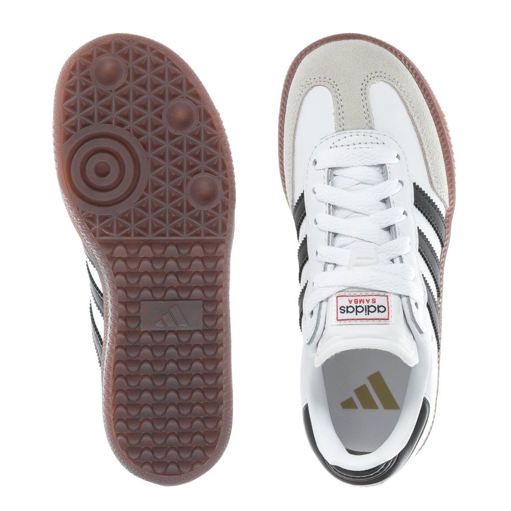 Kids wearing Adidas Samba Classic leather sneakers with gum sole