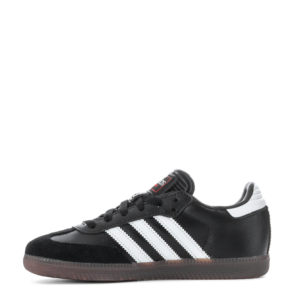 Close-up of the Adidas Samba Classic shoes highlighting the leather upper and cushioning.