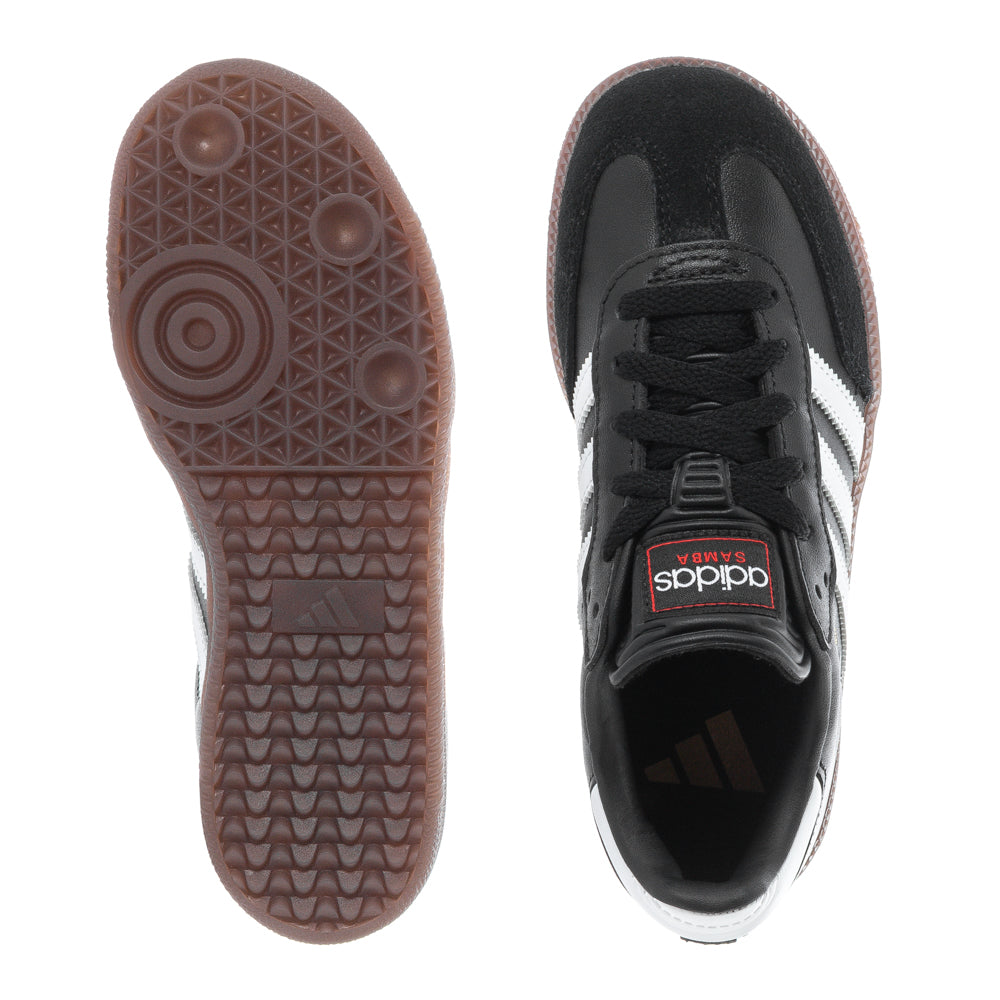 Adidas Samba Classic youth soccer shoes, side view showing the classic design and serrated stripes.