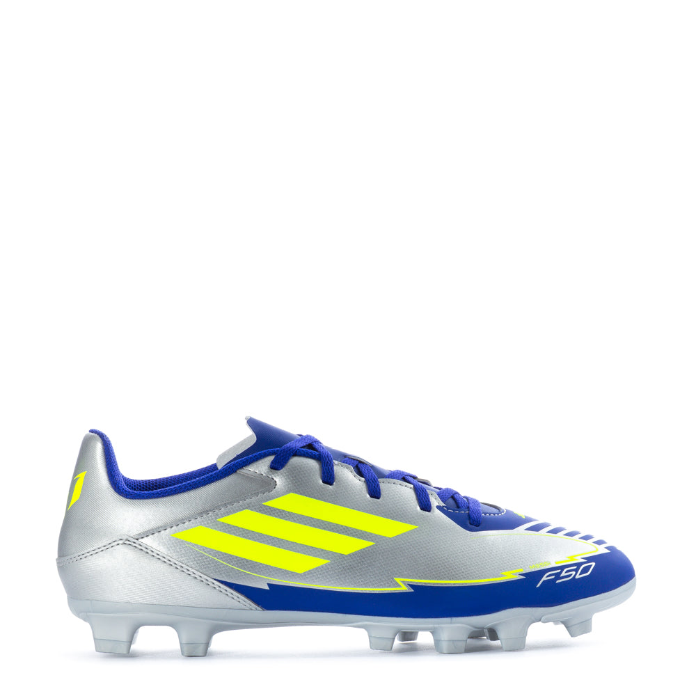Side view of adidas F50 Club FG Messi men's soccer cleats highlighting spike pattern for grip