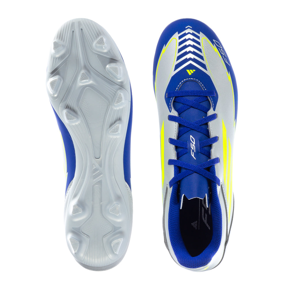 Side view of adidas F50 Club FG Messi mens soccer cleats highlighting spike pattern for grip