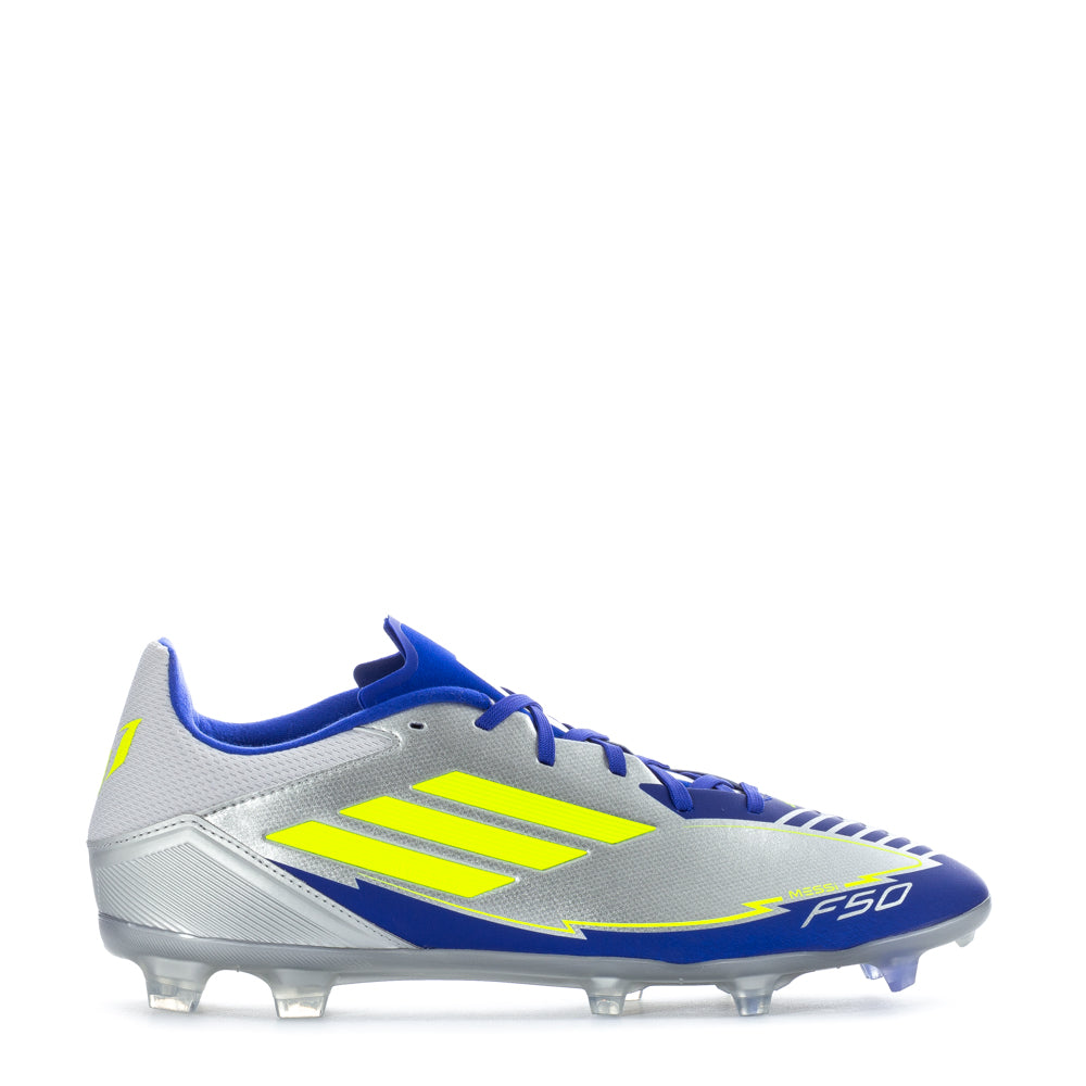 Adidas F50 League Low FG Messi cleats showcasing their sleek design and textured upper for enhanced dribbling.