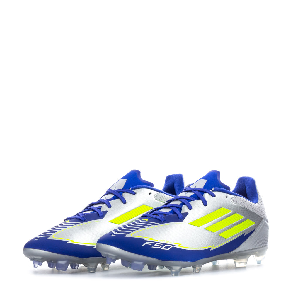 Close-up of the stud design on Adidas F50 League Low FG Messi soccer cleats, highlighting traction features.