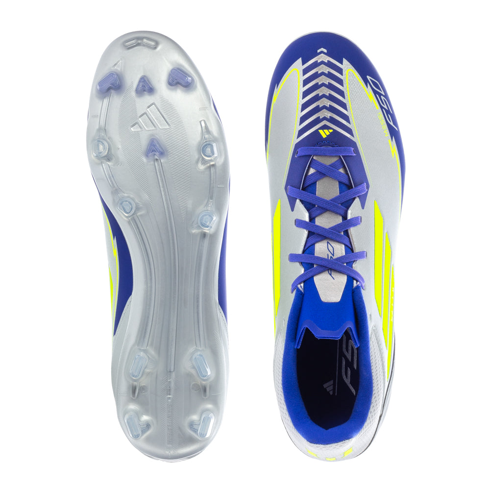 Adidas F50 League Low FG Messi cleats showcasing their sleek design and textured upper for enhanced dribbling.