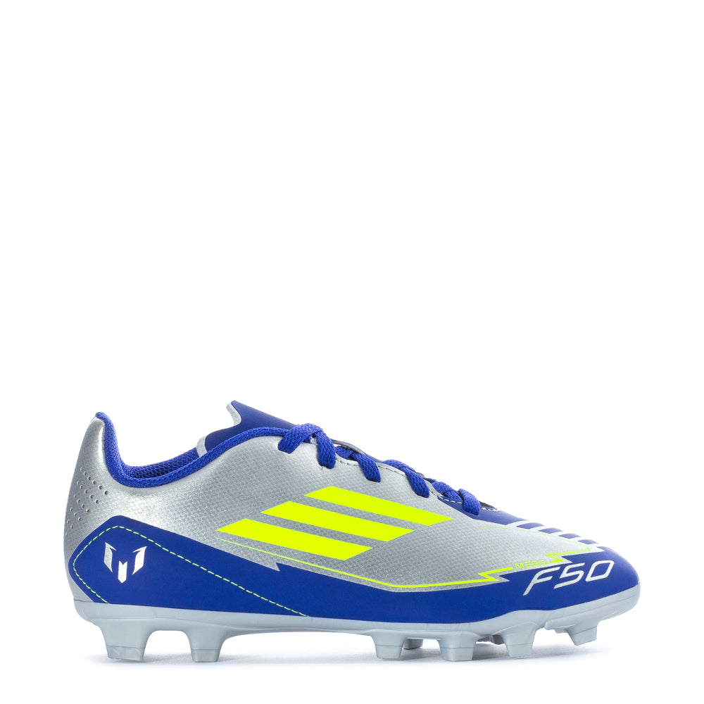 Adidas F50 Club FG Messi Youth Soccer Cleats from the side, highlighting the spike pattern and design.