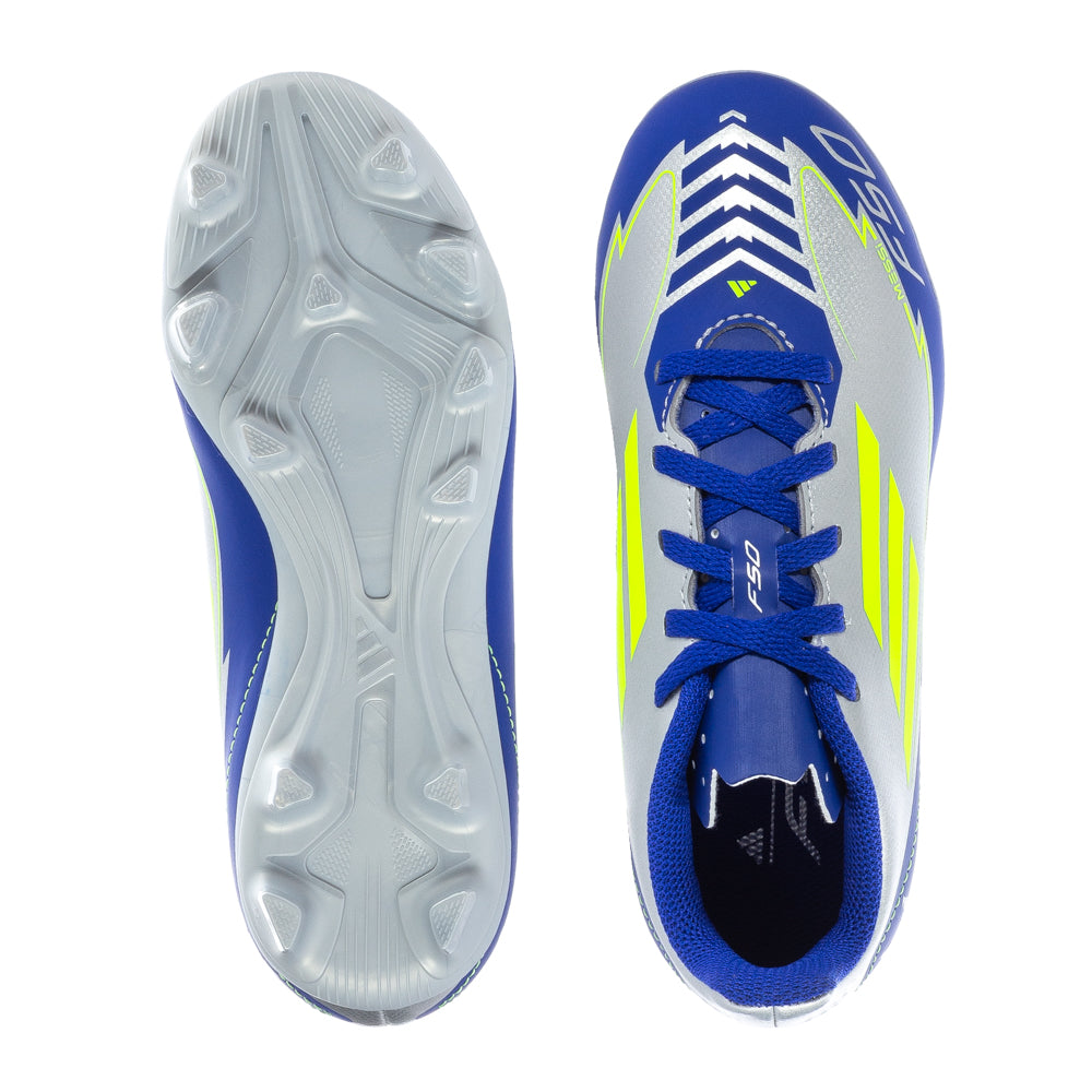 Adidas F50 Club FG Messi Youth Soccer Cleats from the side, highlighting the spike pattern and design.