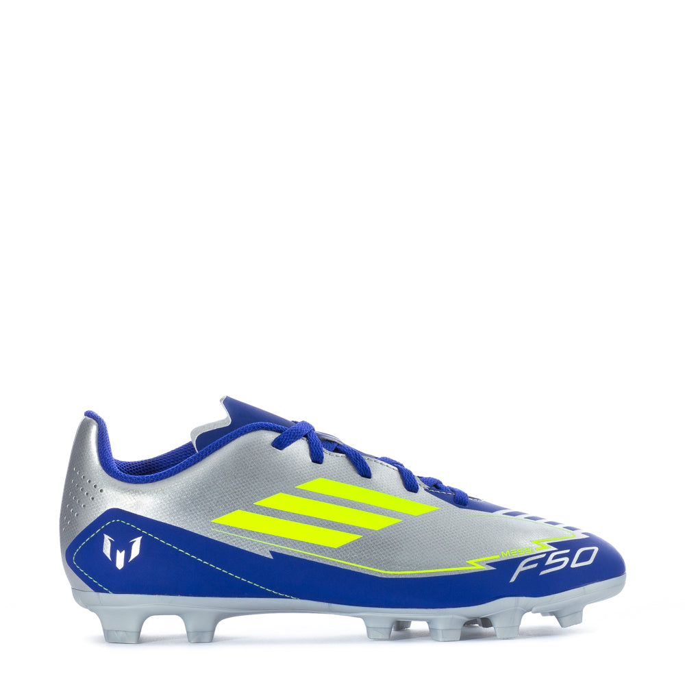 adidas F50 Club FG Messi youth cleats with soft toe box and spike pattern