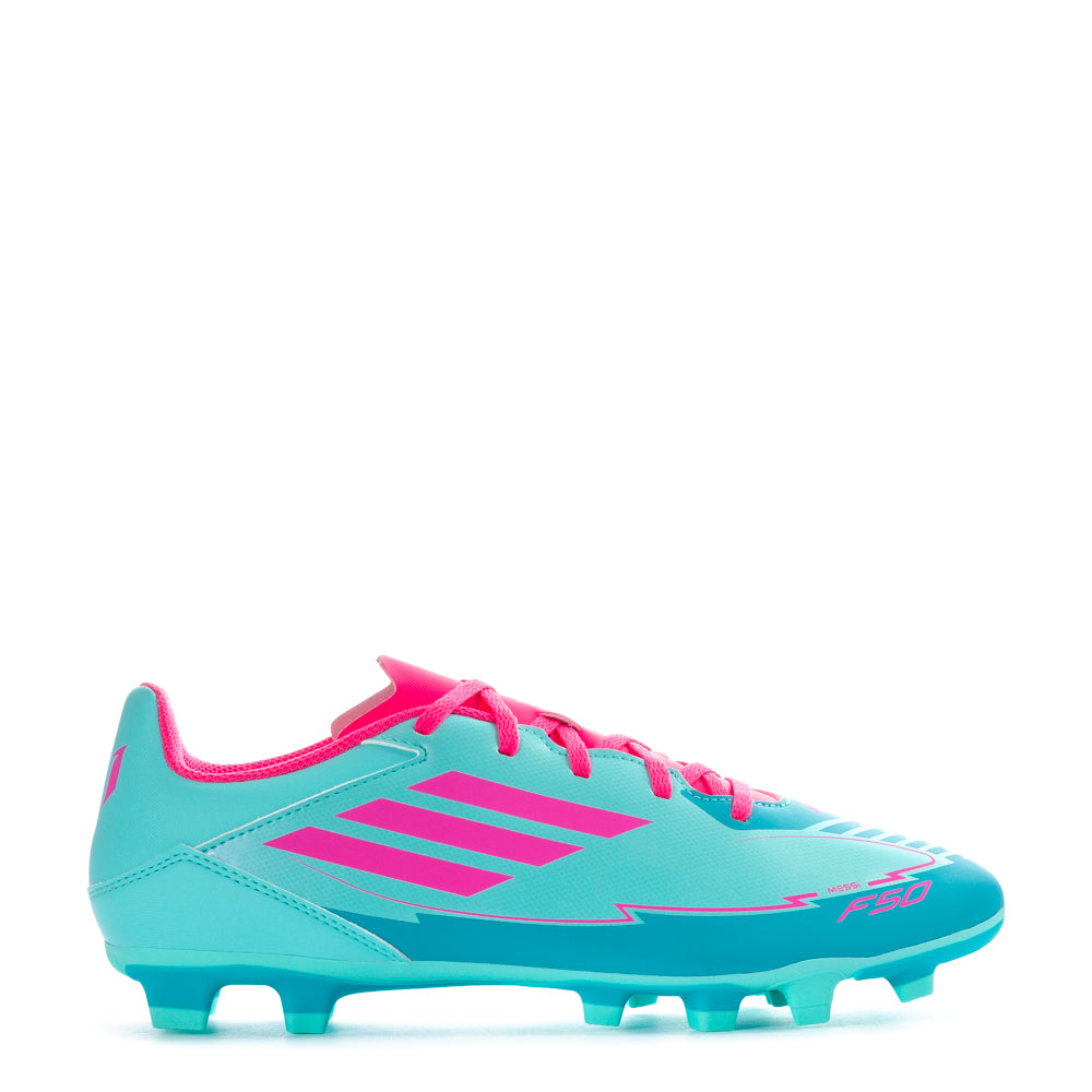 Side view of adidas F50 Club FG Messi Soccer Cleats showcasing the unique spike pattern for traction.